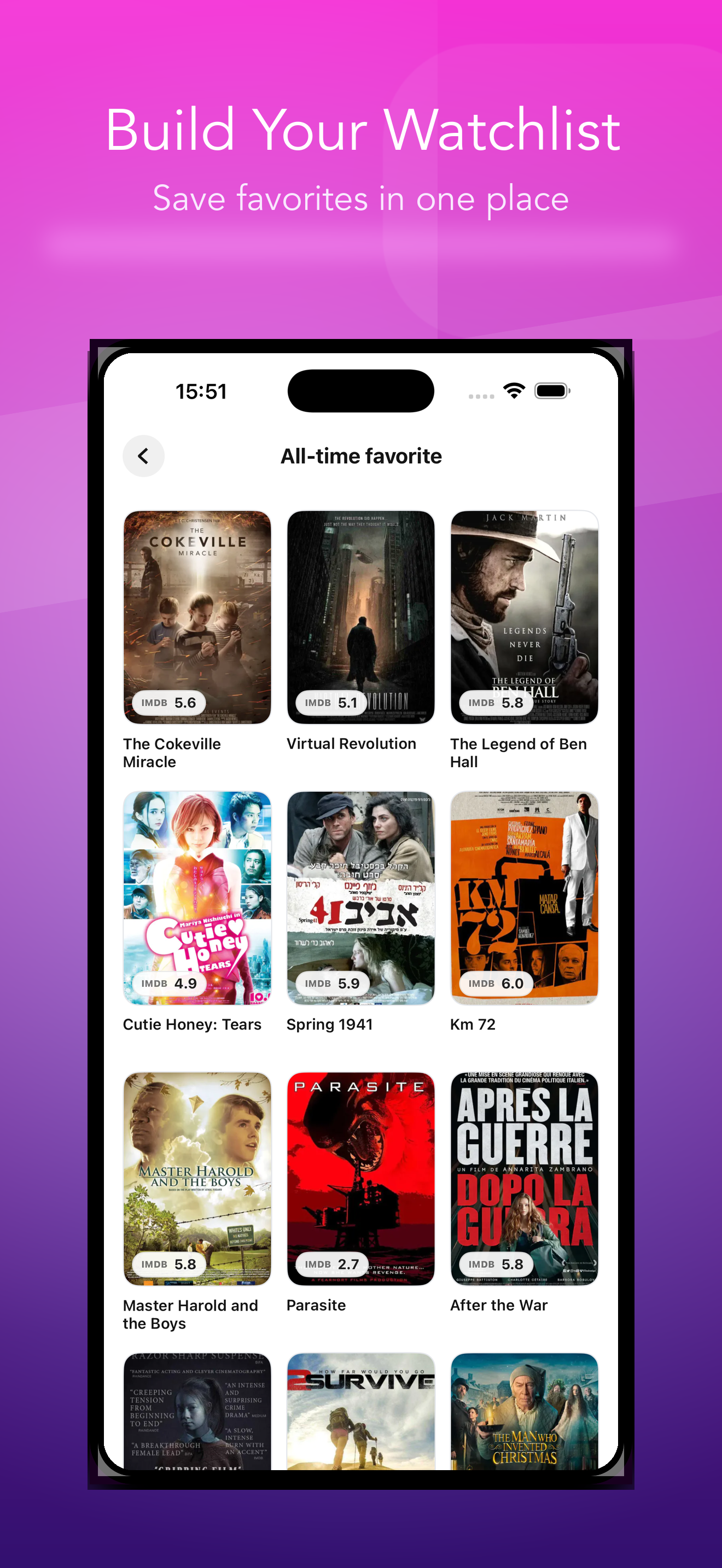 AvelyraTV watchlist screen showing saved series